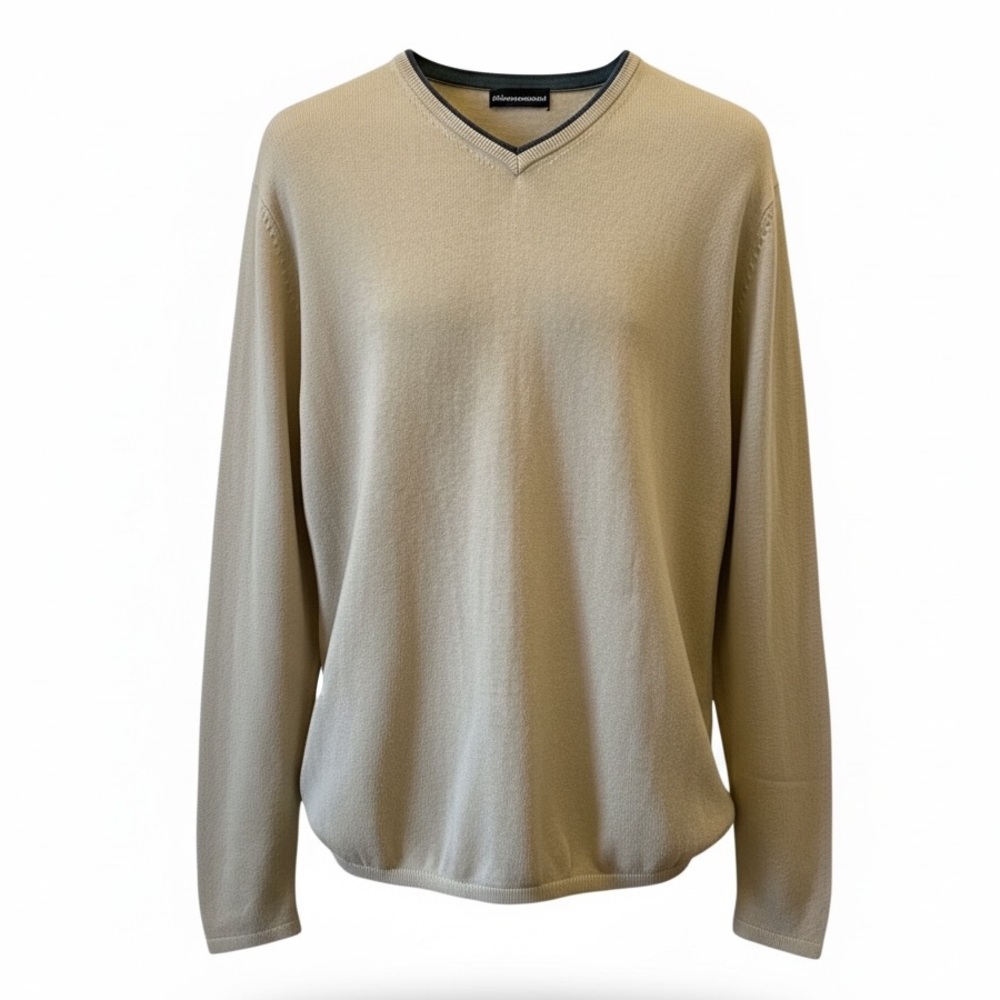 PT International Beige Linen Cotton Sweater V Neck Pullover Lightweight Large